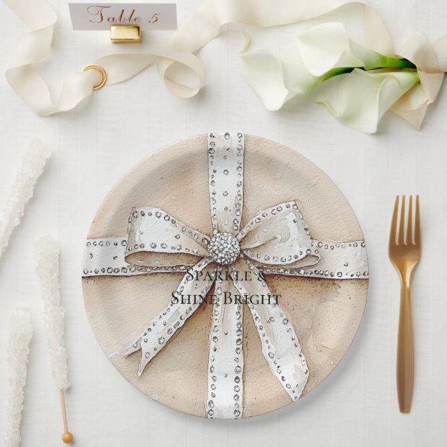 Assiettes En Carton Crème Blanc Argent Glitzy Glam Bow anniversaire (Mariage)