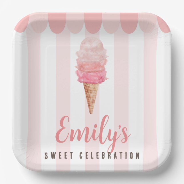 Assiettes En Carton Crème de glace rose Plaques de papier pour fête d' (Recto)