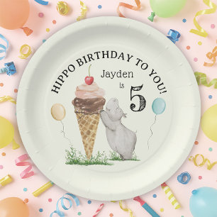 Assiettes En Carton Crème glacée et fête d'anniversaire d'hippo