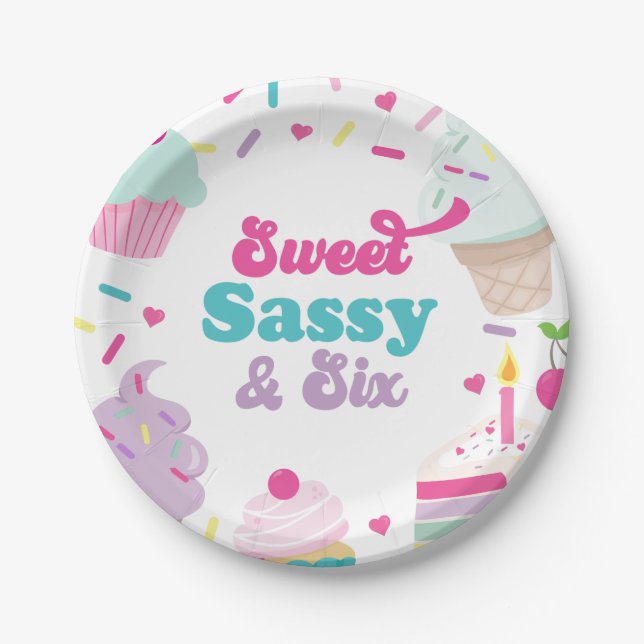 Assiettes En Carton Crème glacée et gâteau sucré Sassy Six 6e annivers (Devant)