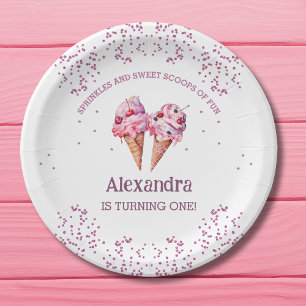 Assiettes En Carton Crème glacée rose fille 1er anniversaire fête
