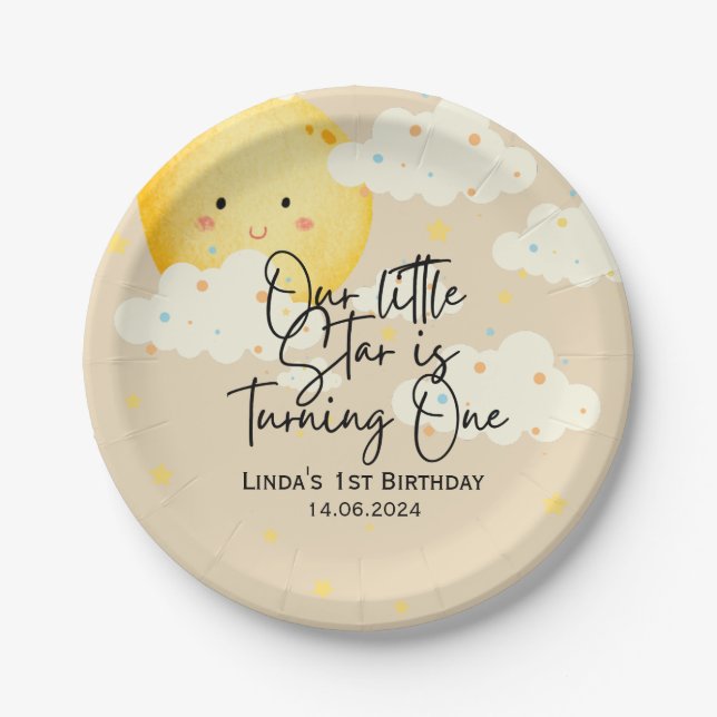 Assiettes En Carton Crème Lune et Étoiles 1er anniversaire (Devant)