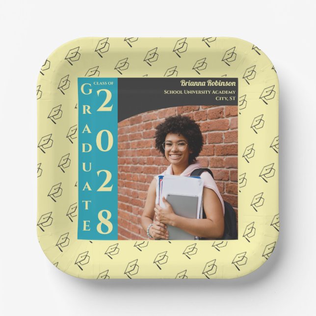 Assiettes En Carton Crème Photo Fête de remise de diplôme avec chapeau (Recto)