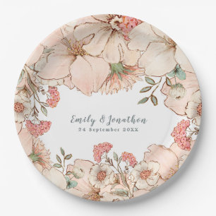 Assiettes En Carton Crème rose vintage Nom floral Date Mariage