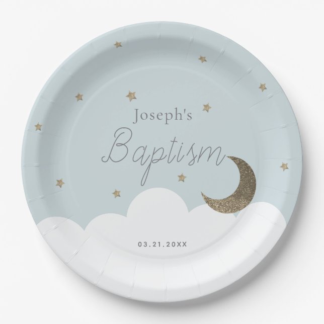 Assiettes En Carton Crescent Moon & Stars Light Blue Boy Baptême (Devant)