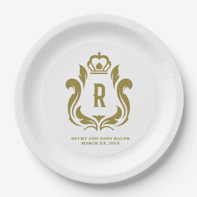 Assiettes En Carton Crête dorée monogrammée (Devant)