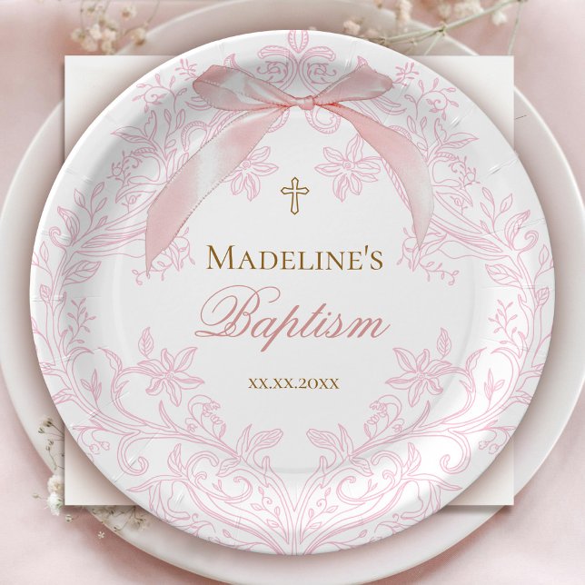 Assiettes En Carton crête rose aquarelle | Baptême (Créateur téléchargé)