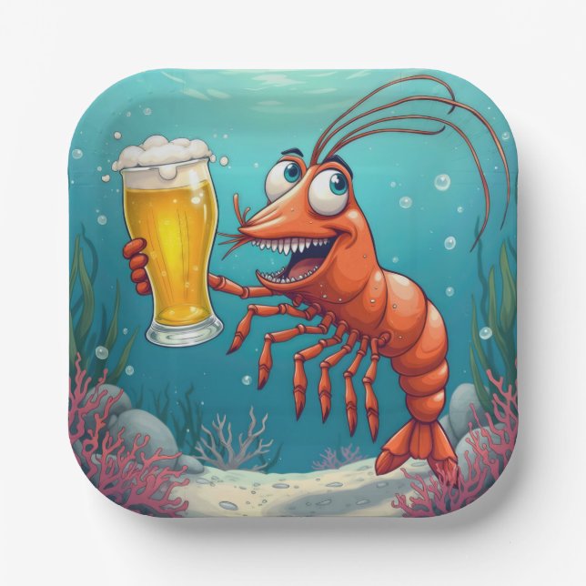 Assiettes En Carton Crevettes avec un verre de bière sous l'eau (Recto)