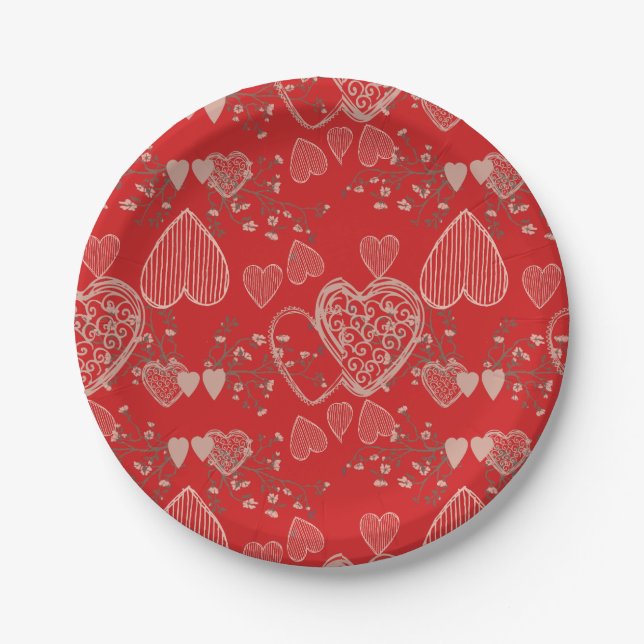 Assiettes En Carton Crimson rouge gris valentine doodle coeurs motif (Devant)