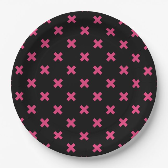 Assiettes En Carton Crochis Fuchsia sur noir (Devant)