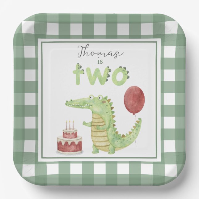 Assiettes En Carton Crocodile d'aquarelle 2e anniversaire (Recto)