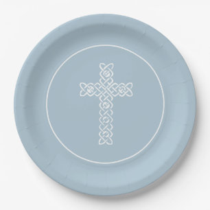 Assiettes En Carton Croix Acier Baptême Communion Bleu Christening