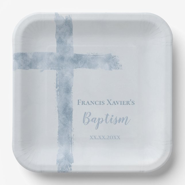 Assiettes En Carton croix bleu aquarelle Baptême (Recto)