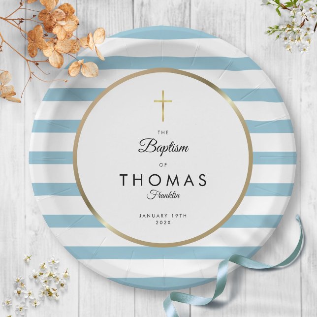 Assiettes En Carton Croix Bleue Or Baptême Baptême Christening (Blue Stripe Gold Cross Baptism Christening Paper Plates)