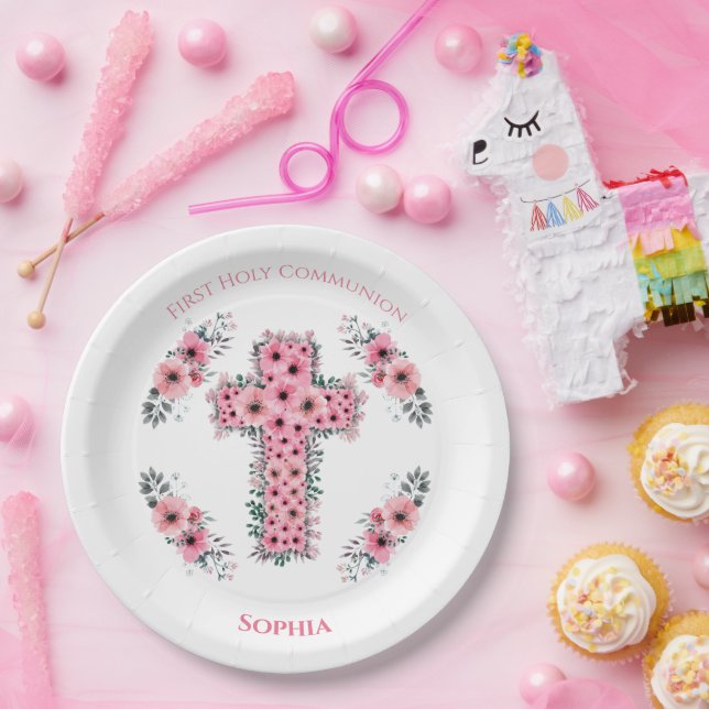 Assiettes En Carton Croix Chic Première Sainte Communion Fille Fleur r (Fête)