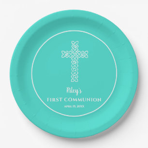 Assiettes En Carton Croix chic sur la première communion turquoise