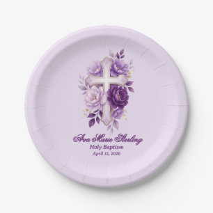 Assiettes En Carton Croix chrétienne florale à l'aquarelle violet élég