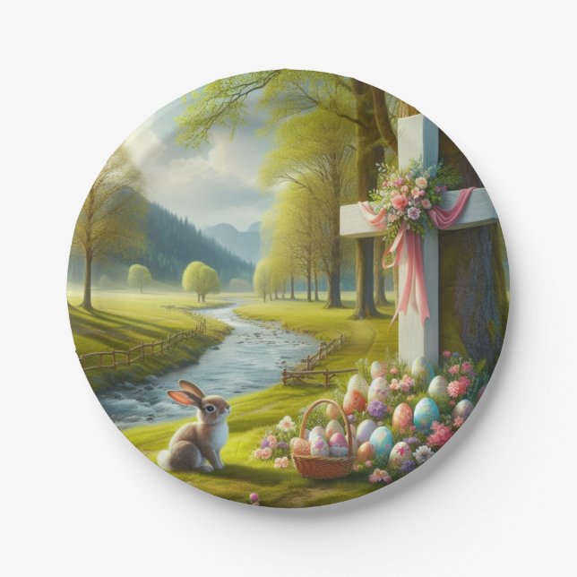 Assiettes En Carton Croix de Pâques avec lapin et oeufs (Devant)