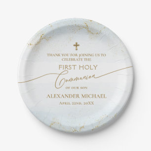 Assiettes En Carton Croix d'or bleu Merci Garçon première communion sa
