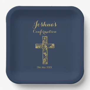 Assiettes En Carton Croix d'or bleu moderne confirmation du nom du gar