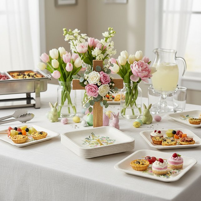 Assiettes En Carton Croix d'or et roses roses sur mesure Pâques (Créateur téléchargé)