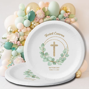 Assiettes En Carton Croix d'or Eucalyptus Wreath Baptême