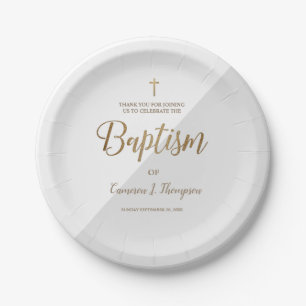 Assiettes En Carton Croix d'or gris personnalisée Baptême de bébé