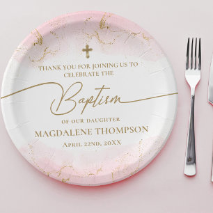 Assiettes En Carton Croix d'or rose moderne Baptême fille