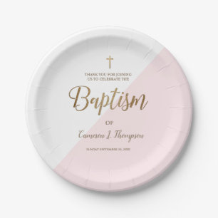 Assiettes En Carton Croix d'or rose personnalisée Baby Baptism personn