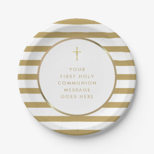 Assiettes En Carton Croix d'or Stripe Premier message de communion sai