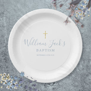 Assiettes En Carton Croix dorée Baptême Ondoyé Bleu poussiéreux