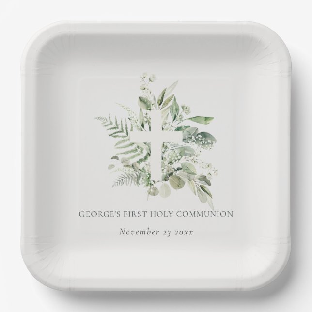Assiettes En Carton Croix du feuillage Eucalyptus Première communion s (Recto)