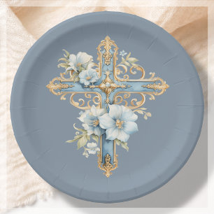 Assiettes En Carton Croix florale bleue Première communion sainte