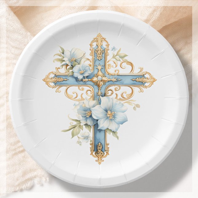 Assiettes En Carton Croix florale bleue Première communion sainte (Créateur téléchargé)
