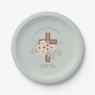 Assiettes En Carton Croix florale rose Fillettes Bautizo Bautismo Bapt
