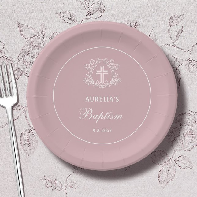Assiettes En Carton Croix florale simple sur le baptême rose (Créateur téléchargé)