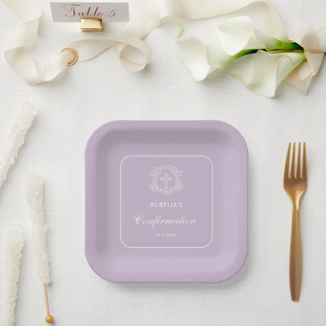 Assiettes En Carton Croix florale simple sur Lilac Confirmation (Mariage)