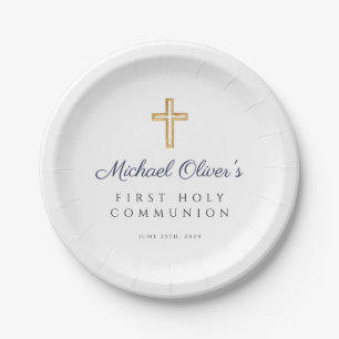Assiettes En Carton Croix religieuse bleue Garçon Première Communion