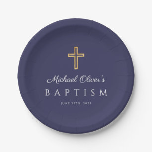 Assiettes En Carton Croix Religieuse Élégante Bleu Marine Garçon Baptê