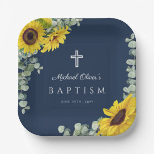 Assiettes En Carton Croix religieuse florale bleu marine baptême