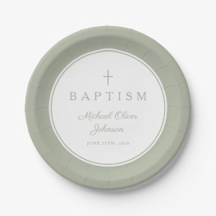 Assiettes En Carton Croix Religieuse Vert Sauge Moderne Baptême