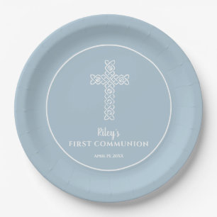 Assiettes En Carton Croix sur l'acier Bleu Communion Baptême Christeni