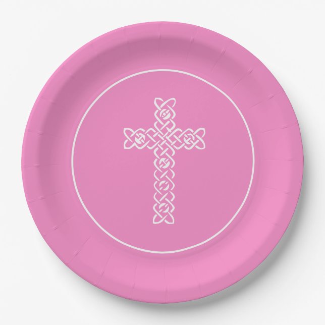 Assiettes En Carton Croix | Taffy Pink Communion Baptism Christening (Devant)