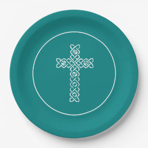 Assiettes En Carton Croix   Turquoise Baptême Communion Bleue Christen