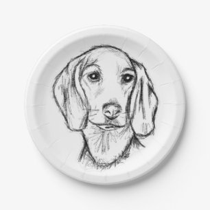 Assiettes En Carton croquis de teckel dessiné à la main en noir et bla