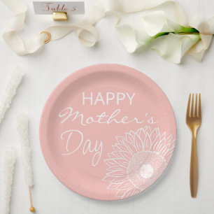 Assiettes En Carton Croquis de tournesol rose et blanc / Fête des mère