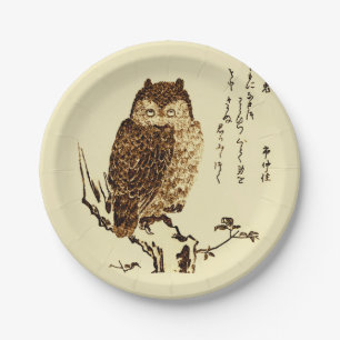 Assiettes En Carton Croquis d'encre japonaise vintage d'un hibou