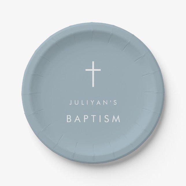 Assiettes En Carton Cross dusty blue baby boy Baptism  (Devant)