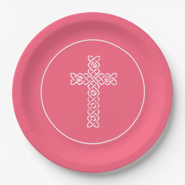 Assiettes En Carton Cross Watermelon Communion rose Baptême Christen (Devant)