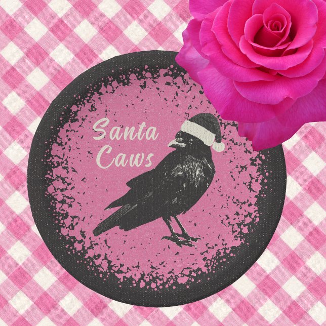 Assiettes En Carton Crow Père Noël rose et noir Goth de Noël (Cute pink and black plates with a Santa Caws crow with his hat are perfect for Christmas parties.)